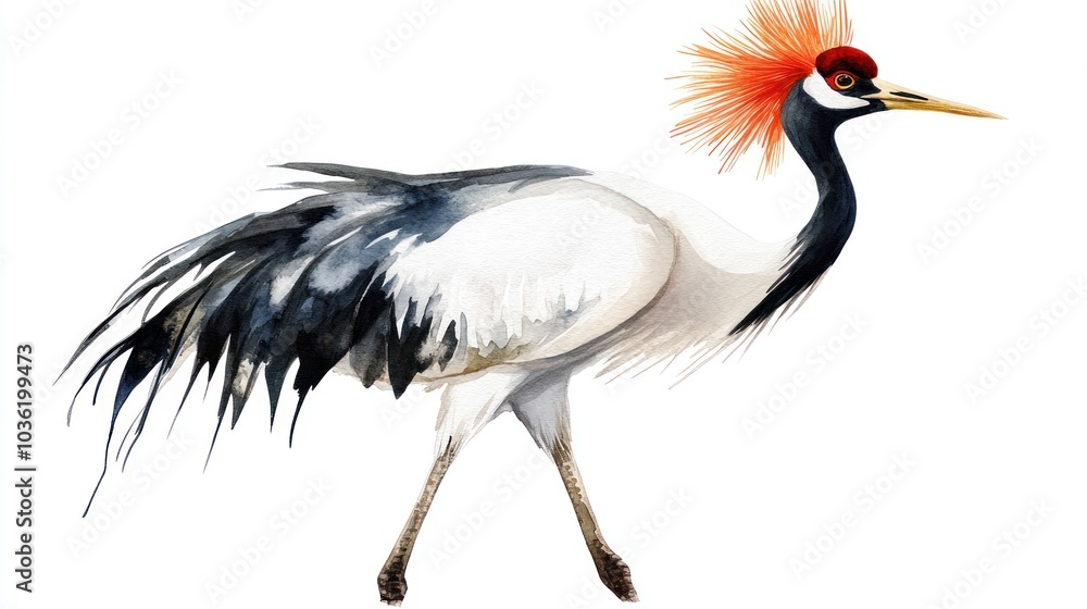 A graceful crane with a striking red and orange crest, depicted in a watercolor style. A graceful crane with a striking red and orange crest, depicted in a watercolor style.