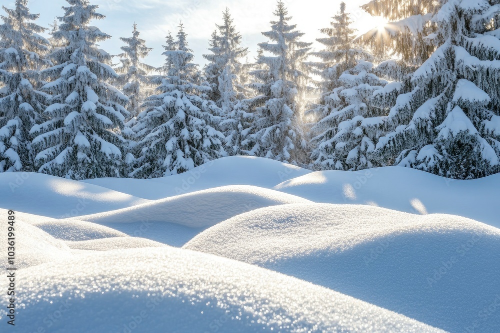 Obraz premium Beautiful landscape with snow covered fir trees and snowdrifts.Merry Christmas and happy New Year greeting background with copy-space.Winter fairytale , ai