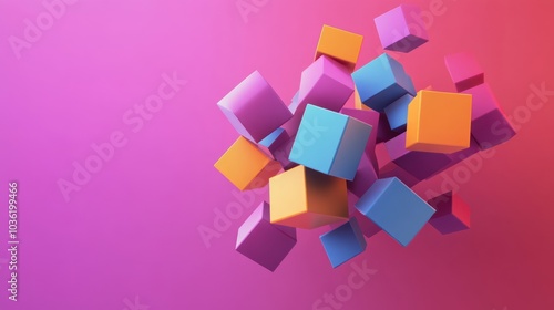 Abstract colorful cubes floating on a pink background.