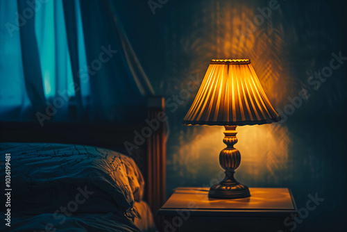 Lamp on a nightstand dim light. Good night concept.