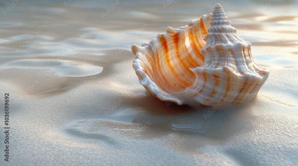 Shell on smooth sand, intricate details of the shell contrasted against the soft, uniform surface of the sand, creating a serene coastal scene Shell on smooth sand, intricate details of the shell contrasted against the soft, uniform surface of the sand, creating a serene coastal scene