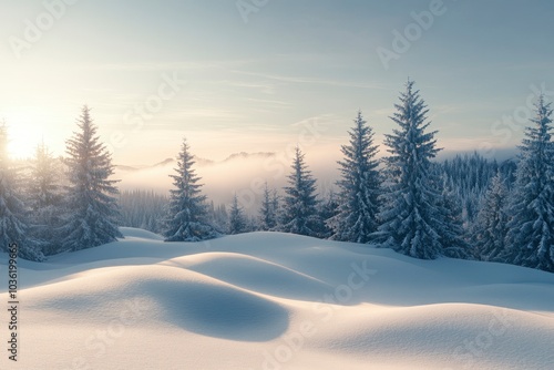 Beautiful landscape with snow covered fir trees and snowdrifts.Merry Christmas and happy New Year greeting background with copy-space.Winter fairytale , ai