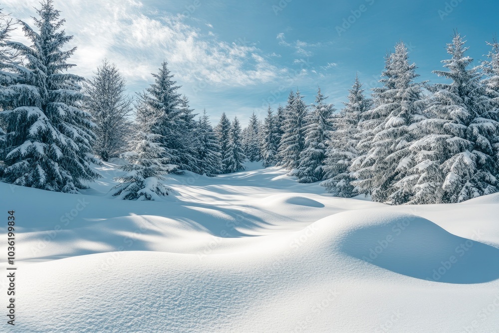 Beautiful landscape with snow covered fir trees and snowdrifts.Merry Christmas and happy New Year greeting background with copy-space.Winter fairytale , ai Beautiful landscape with snow covered fir trees and snowdrifts.Merry Christmas and happy New Year greeting background with copy-space.Winter fairytale , ai