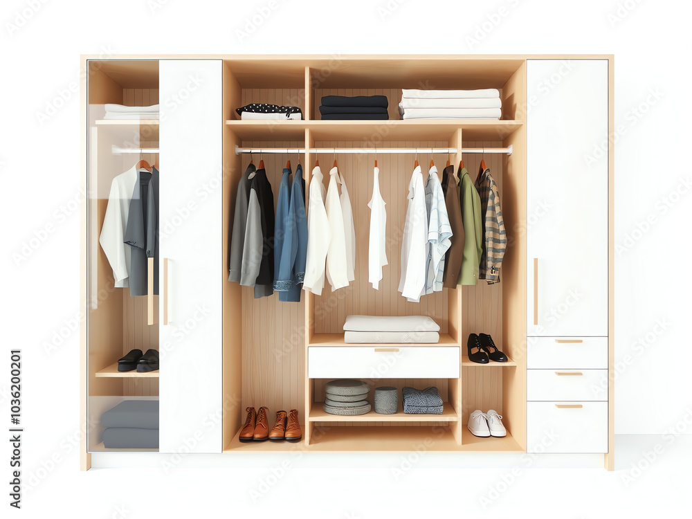A white wardrobe displaying various clothes neatly arranged on its shelves and hanging space A white wardrobe displaying various clothes neatly arranged on its shelves and hanging space