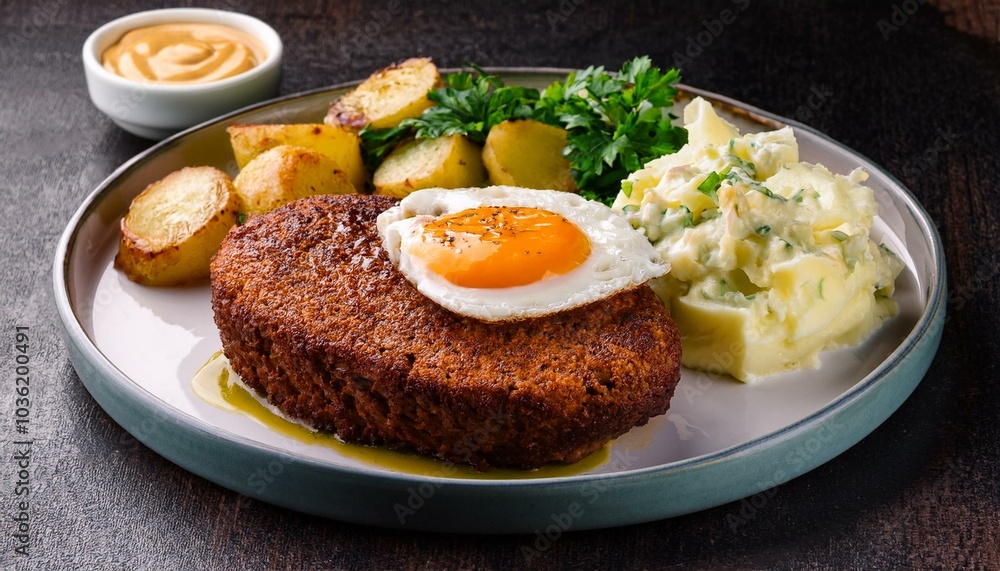 Leberkäse slices with fried egg and potato salad Leberkäse slices with fried egg and potato salad