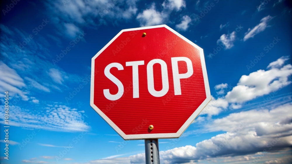 Red stop sign is standing against a blue sky, with white clouds passing by Red stop sign is standing against a blue sky, with white clouds passing by