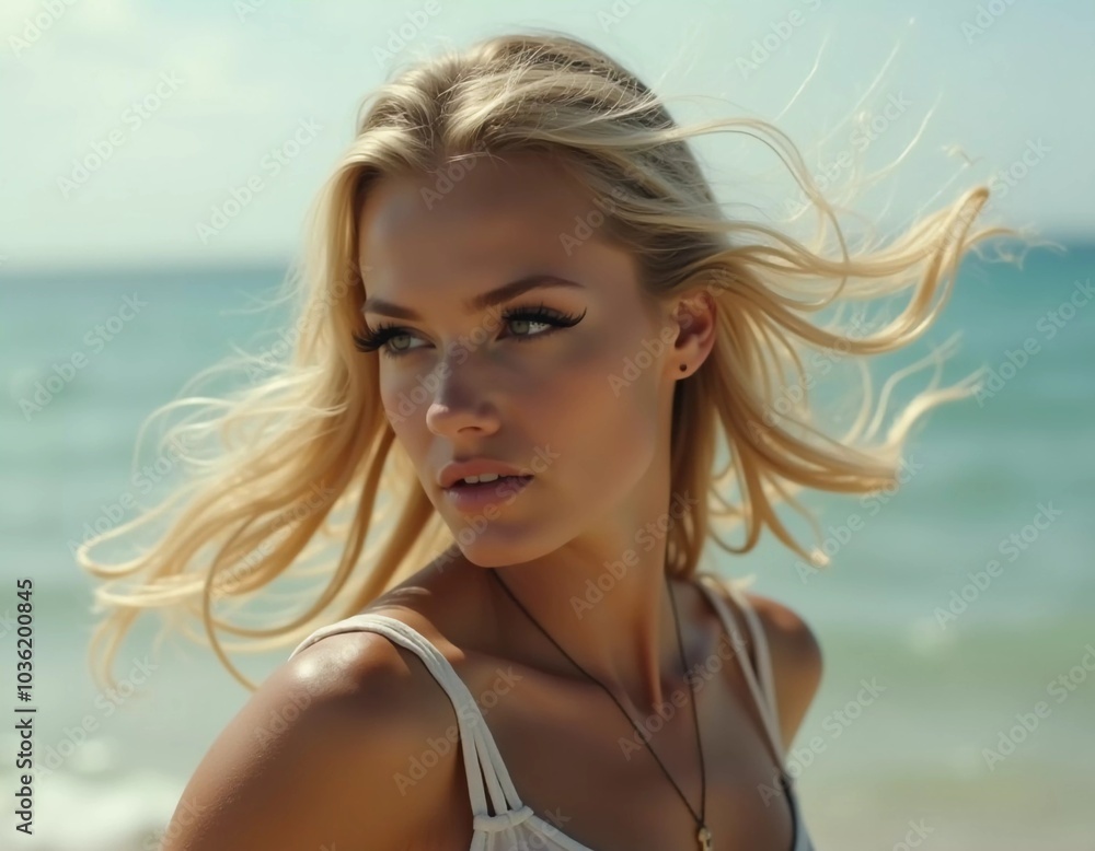 A blond woman in a swimsuit gazes back while standing near the shoreline. Gentle sea waves lap at her feet under a clear blue sky. Long hair, beautiful young face. Travel and clothing adverts. AI A blond woman in a swimsuit gazes back while standing near the shoreline. Gentle sea waves lap at her feet under a clear blue sky. Long hair, beautiful young face. Travel and clothing adverts. AI