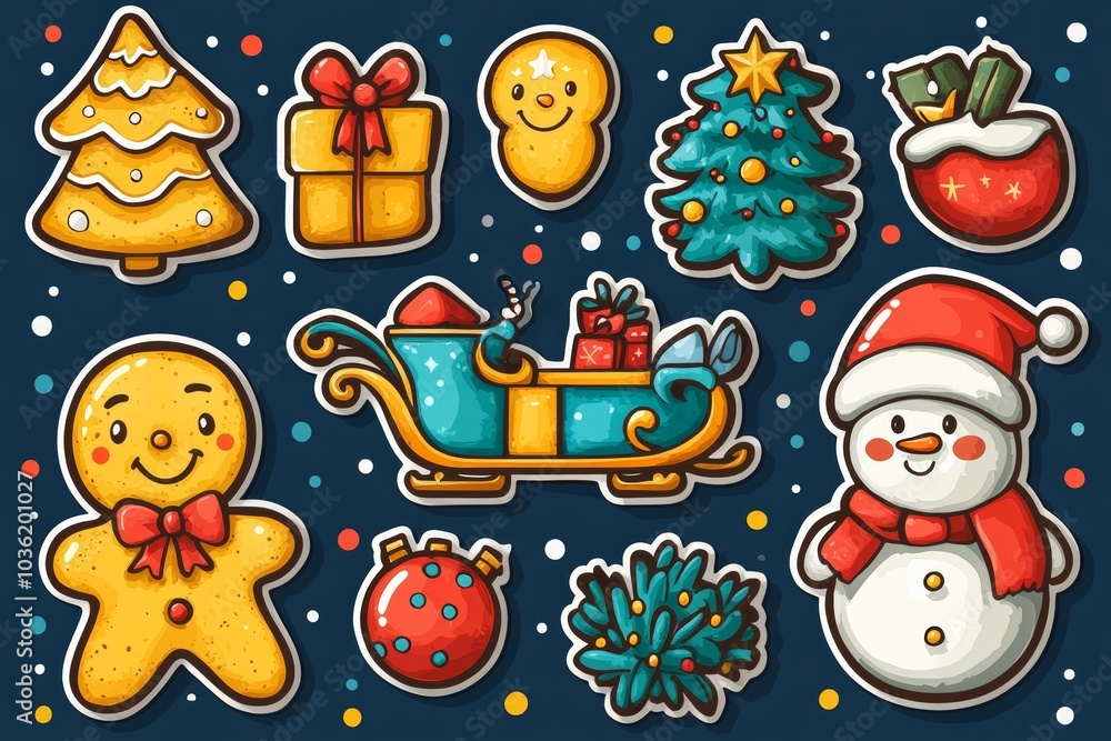 Fototapeta premium Stickers of various Christmas elements. Generative AI