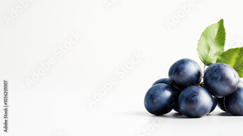 A group of fresh, ripe blueberries with green leaves on a clean white background, perfect for healthy food concepts.