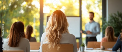 People attending a business workshop in a conference room with green outdoor view