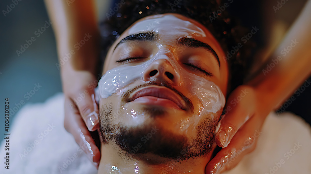 A man is getting a facial treatment with a woman A man is getting a facial treatment with a woman