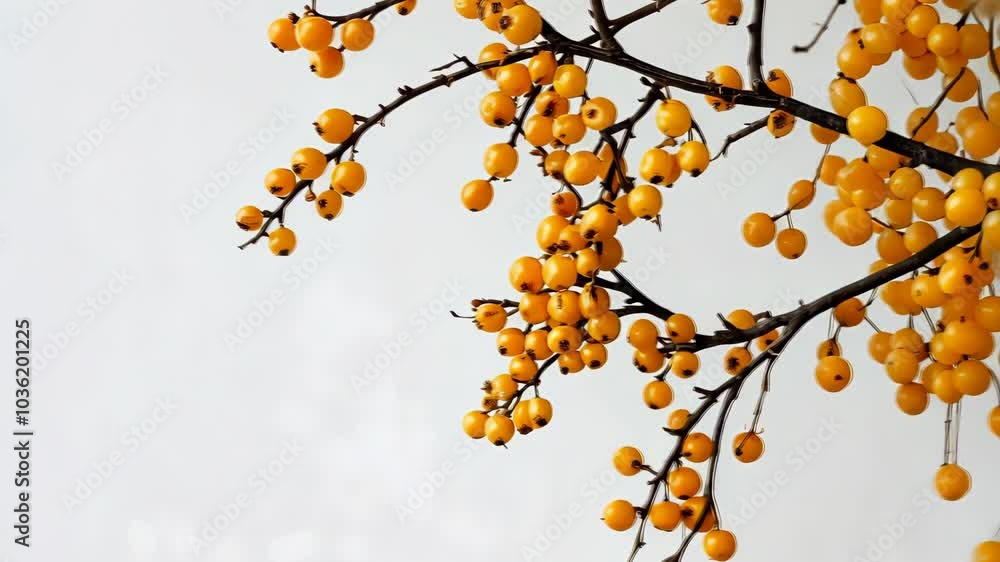A branch with ripe yellow berries hangs against a light gray sky A branch with ripe yellow berries hangs against a light gray sky
