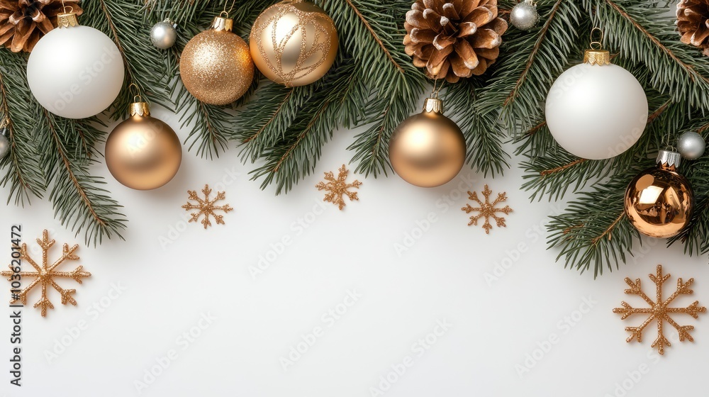 A beautiful flat lay featuring a golden and white background adorned with Christmas decorations, snowflakes, and festive elements A beautiful flat lay featuring a golden and white background adorned with Christmas decorations, snowflakes, and festive elements
