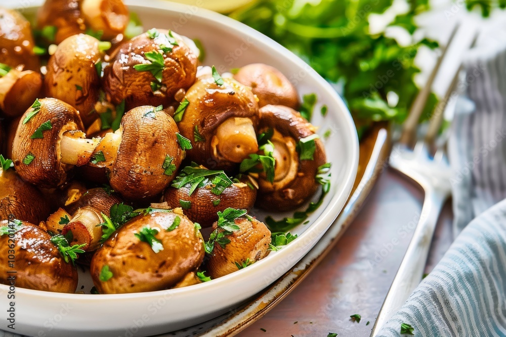 Mushrooms garnished with herbs sit in a white bowl on a table. Concept of fresh, appetizing cuisine. For food photography or a cooking blog. Mushrooms garnished with herbs sit in a white bowl on a table. Concept of fresh, appetizing cuisine. For food photography or a cooking blog.