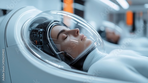 Person in futuristic sleep capsule for relaxation and health recovery. Modern technology and futuristic concept