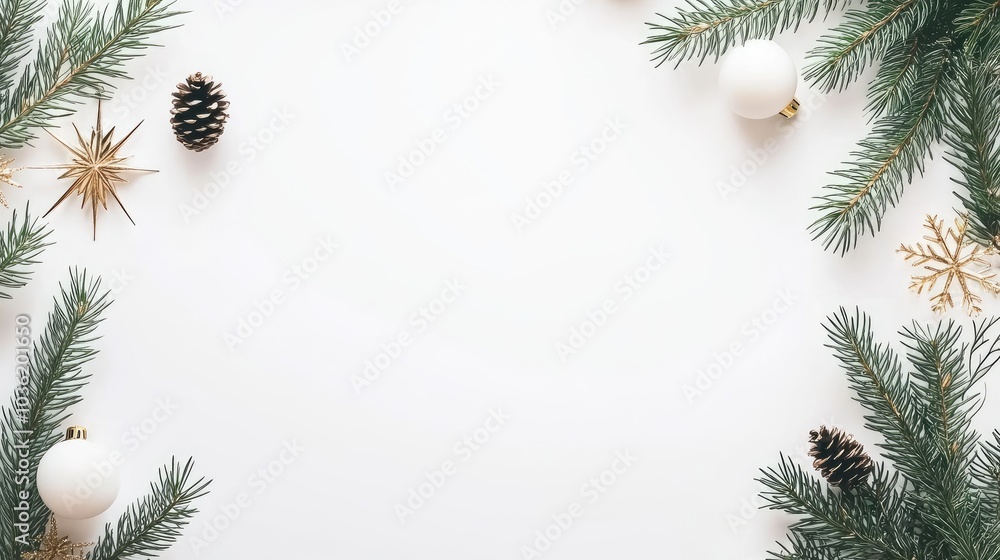 A beautiful flat lay featuring a golden and white background adorned with Christmas decorations, snowflakes, and festive elements A beautiful flat lay featuring a golden and white background adorned with Christmas decorations, snowflakes, and festive elements