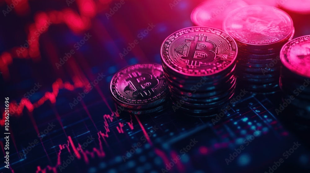 A close-up of Bitcoin coins with a digital financial chart in the background. A close-up of Bitcoin coins with a digital financial chart in the background.
