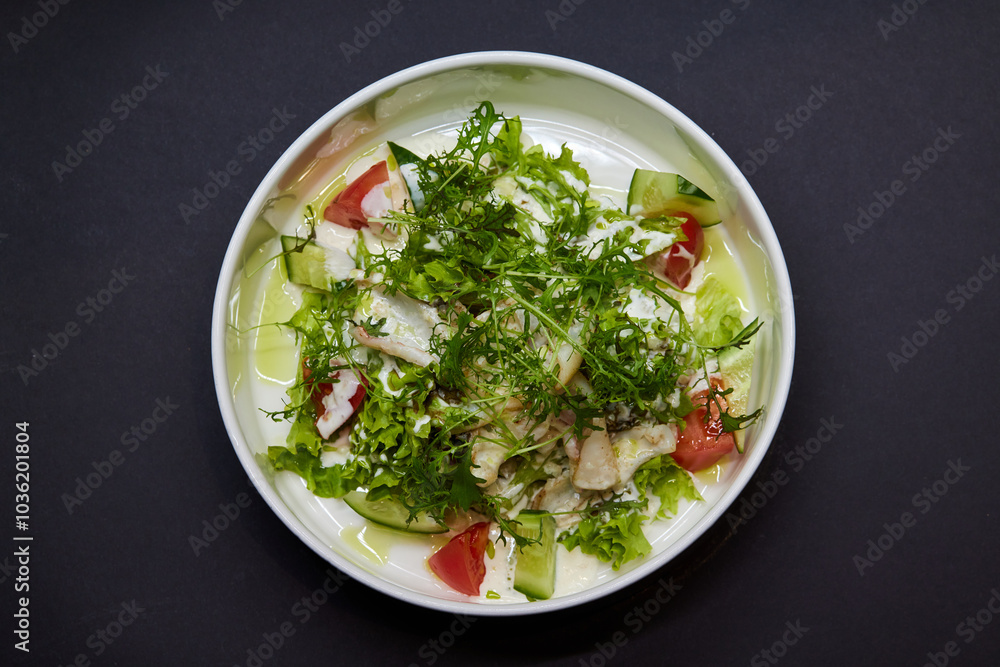 Salad dish with lettuce, tomatoes, and cucumbers on a black plate Salad dish with lettuce, tomatoes, and cucumbers on a black plate