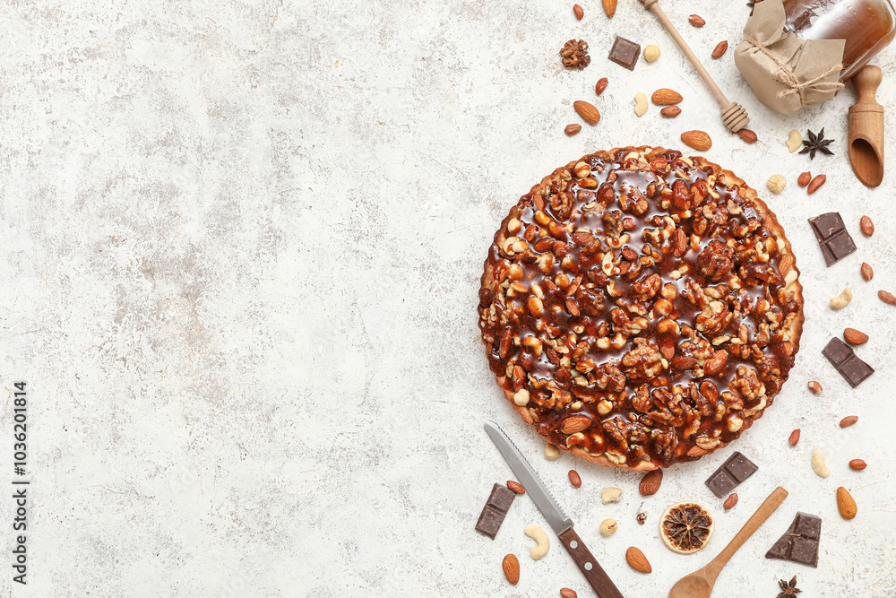 Sweet tart with different nuts and ingredients on white background Sweet tart with different nuts and ingredients on white background