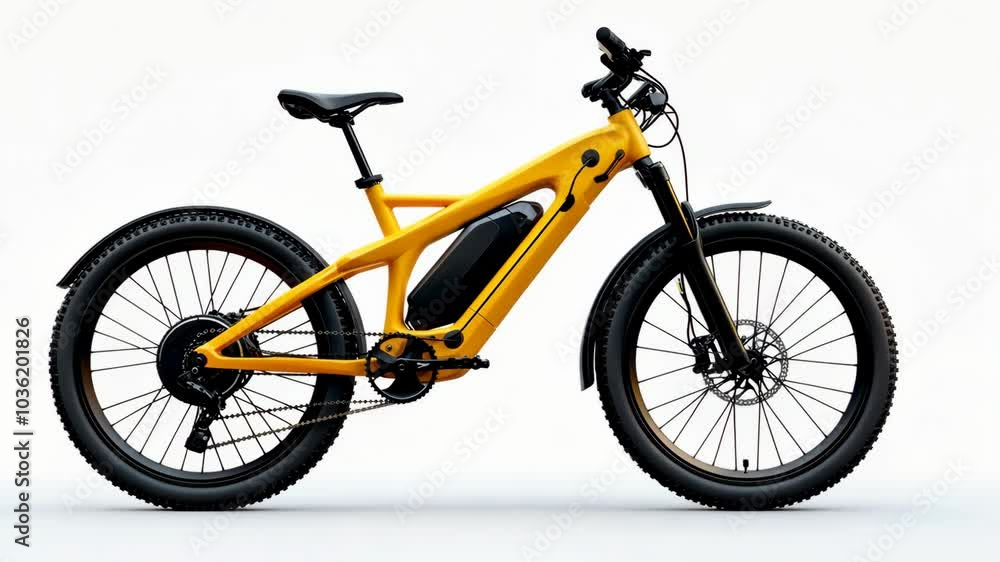 A yellow electric mountain bike with black tires and a black seat A yellow electric mountain bike with black tires and a black seat