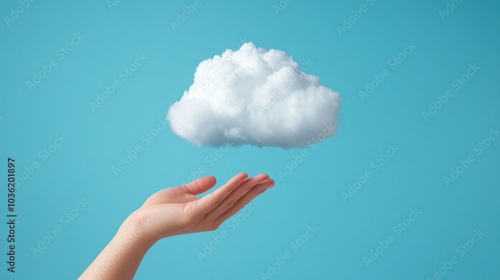 Hand holding a fluffy white cloud against a clear blue background. Hand holding a fluffy white cloud against a clear blue background.