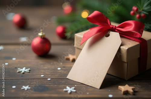 A Christmas gift with an empty tag. mockup. a rustic table. Merry Christmas and New Year