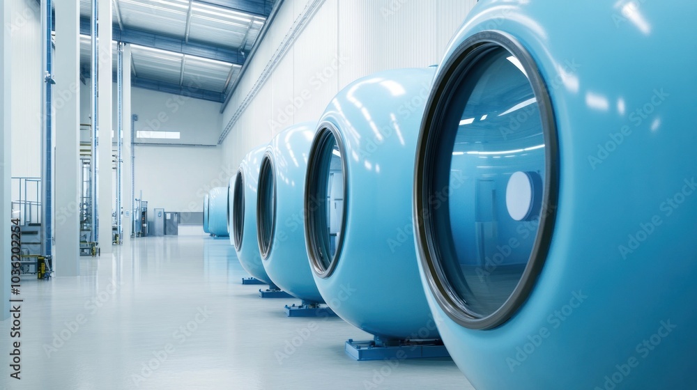 Blue Cylindrical Structures in a Modern Industrial Space Blue Cylindrical Structures in a Modern Industrial Space