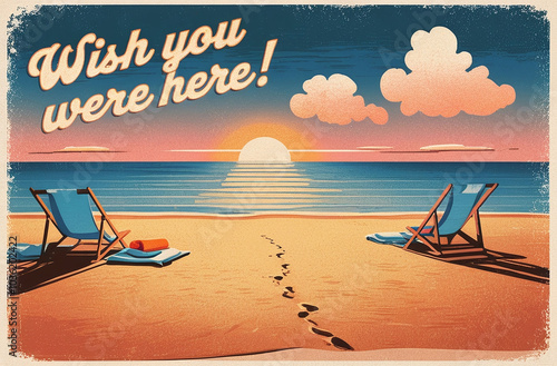 A vintage-style postcard featuring a beach sunset with footprints leading to the horizon and the message 