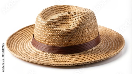 Classic straw hat with a brown band is laying on a white background