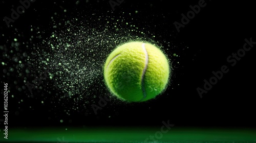 Tennis ball in motion with green dust explosion. High-speed sports photography.