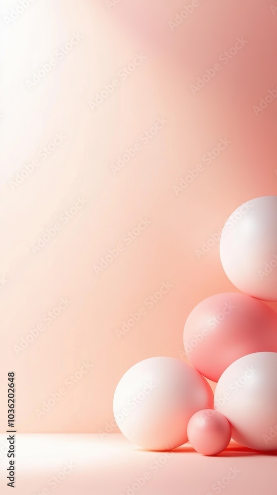 Abstract composition with pink and white balls on peach background. Minimalist design style. Abstract composition with pink and white balls on peach background. Minimalist design style.