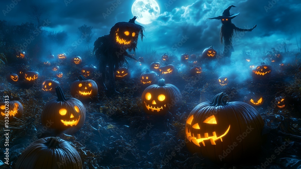 Fototapeta premium Halloween pumpkins and witch on dark forest background. 3D rendering. 