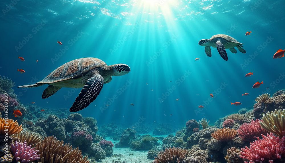 Obraz premium Sea Coral Turtle Underwater World Top view for 3d floors water nature fish sea coral egypt red sea