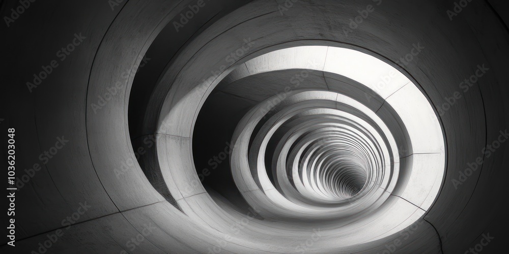 Fototapeta premium Abstract black and white image of a spiral staircase in a modern building.