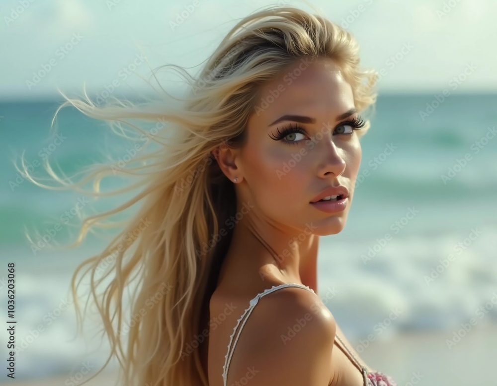 A blond woman in a swimsuit gazes back while standing near the shoreline. Gentle sea waves lap at her feet under a clear blue sky. Long hair, beautiful young face. Travel and clothing adverts. AI A blond woman in a swimsuit gazes back while standing near the shoreline. Gentle sea waves lap at her feet under a clear blue sky. Long hair, beautiful young face. Travel and clothing adverts. AI