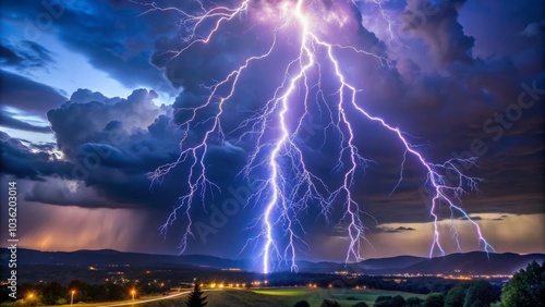 Multiple lightning strikes illuminating a stormy sky at night over a small town