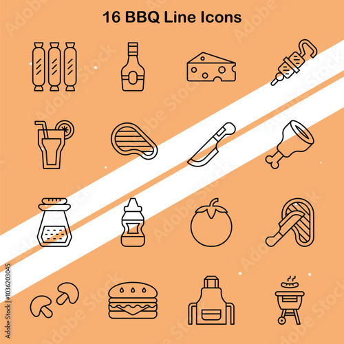 Set of 16 BBQ line icons showcasing barbecue tools and food elements for grilling designs.