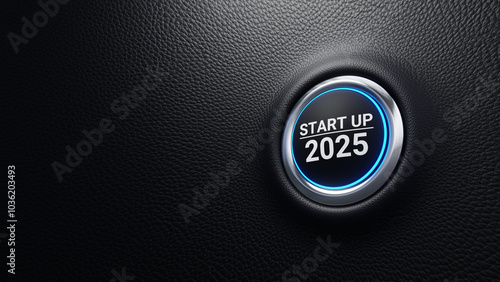 Start up 2025 push button. Planning, start, vision, career path, business strategy, opportunity and change concept. 2025 start modern car button with blue shine. 3d illustration