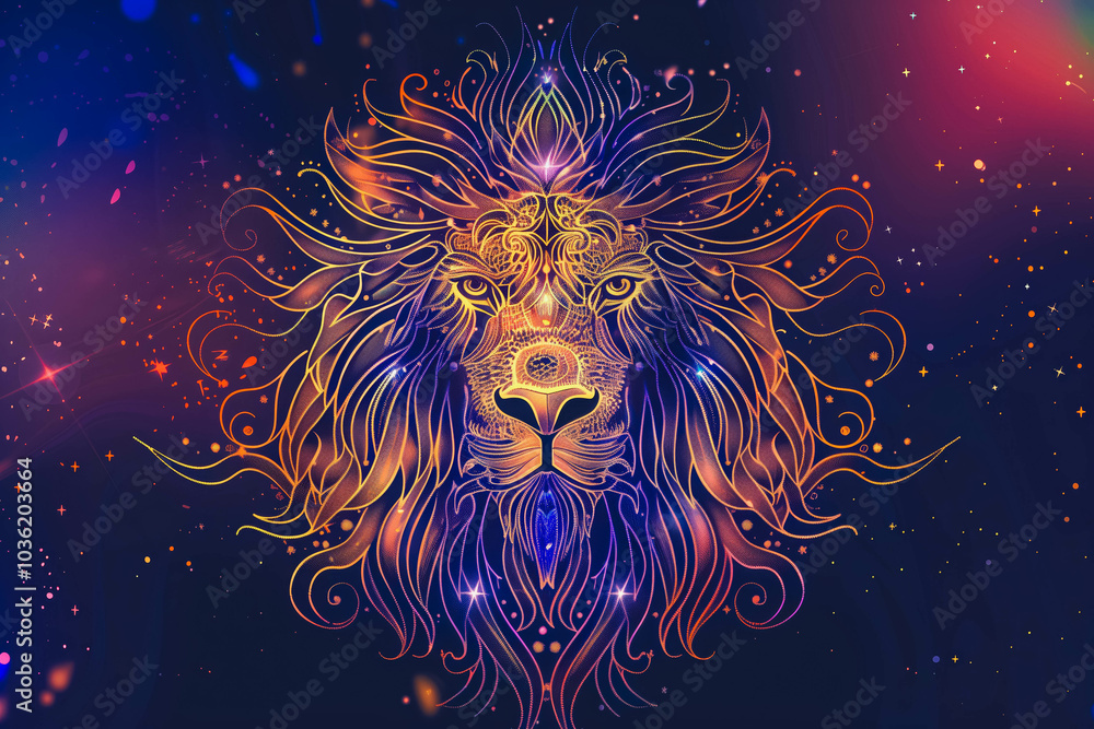 Modern magic witchcraft card with astrology Leo zodiac sign. Realistic hand drawing lion head. Zodiac characteristic Modern magic witchcraft card with astrology Leo zodiac sign. Realistic hand drawing lion head. Zodiac characteristic