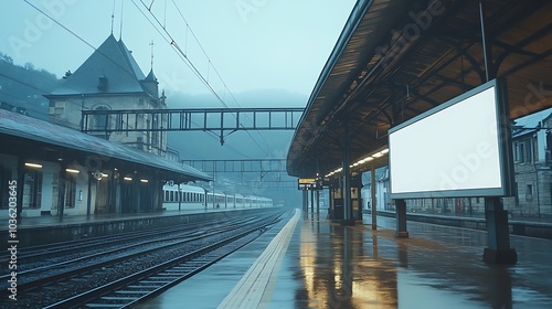 A clean, blank white poster displayed prominently on a train station's exterior wall.
