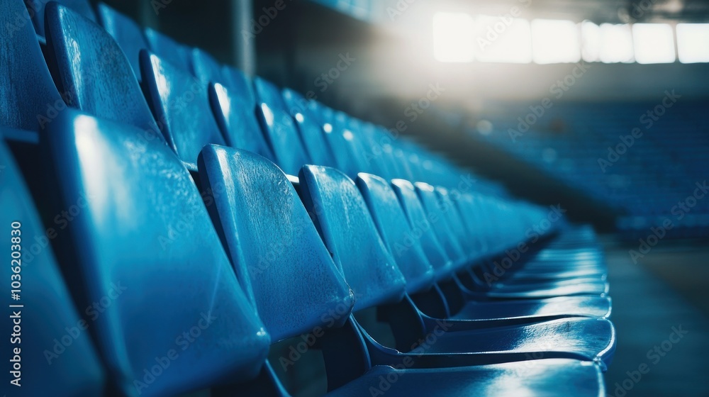 Fototapeta premium A row of blue stadium seats, suggesting a space for spectators in a sports venue.