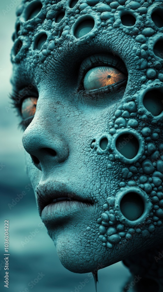 Alien-like face with textured skin and glowing eyes captivates in surreal portrait, AI Alien-like face with textured skin and glowing eyes captivates in surreal portrait, AI