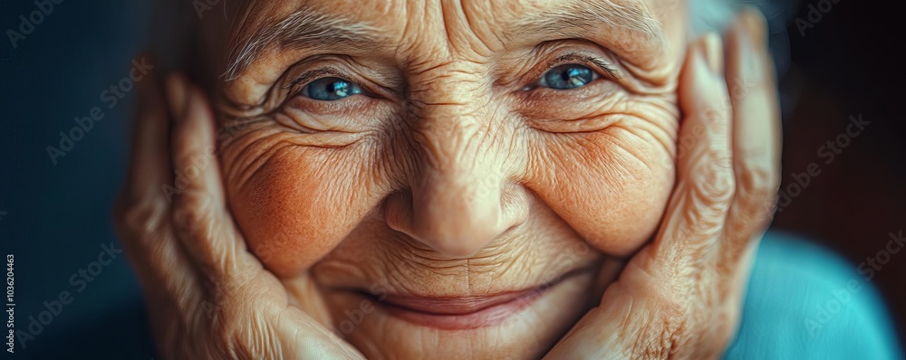 Close-up of a joyful senior woman smiling warmly, showcasing her expressive face and bright blue eyes. Close-up of a joyful senior woman smiling warmly, showcasing her expressive face and bright blue eyes.