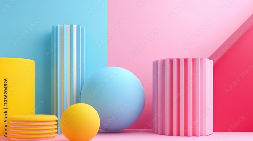 Colorful geometric shapes on a pink and blue background.