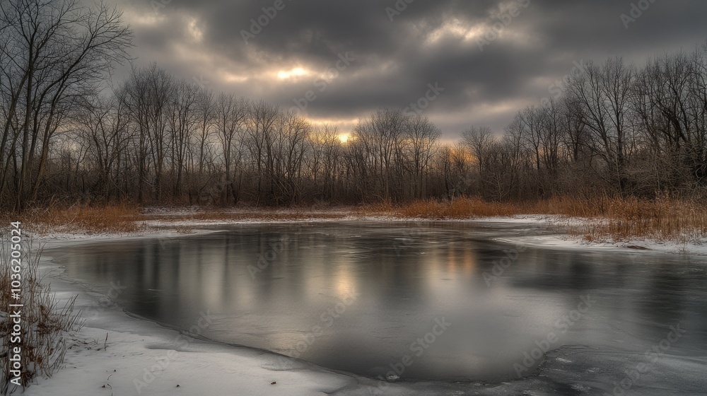 A serene winter scene captures a partially frozen pond reflecting the moody sky above. A serene winter scene captures a partially frozen pond reflecting the moody sky above.