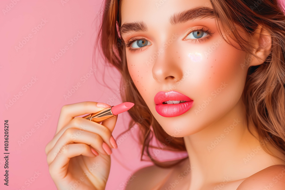 Portrait of a beautiful young woman applying pink lip colors to her cute pout lips with a luxury pink lipstick isolated on pink background, with copy space, close up Portrait of a beautiful young woman applying pink lip colors to her cute pout lips with a luxury pink lipstick isolated on pink background, with copy space, close up