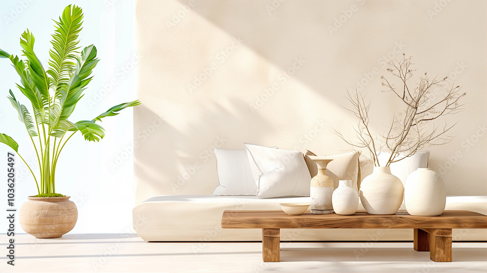 Plant in vase with minimalist interior design and home decor elements showcasing natural style and modern aesthetic Plant in vase with minimalist interior design and home decor elements showcasing natural style and modern aesthetic