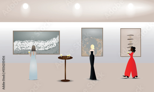 Exhibition visitors viewing modern abstract paintings at contemporary art gallery. People regarding creative artworks or exhibits in museum. Colorful vector illustration 
