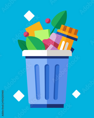 An overflowing trash can filled with discarded excessive packaging from online shopping deliveries.. Vector illustration