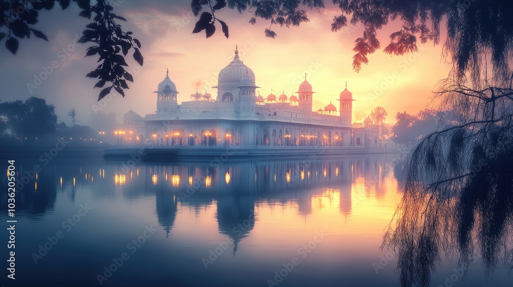 Fototapeta premium A grand Sikh gurdwara with glistening white marble domes and intricate carvings, exuding a sense of peace and spiritual grandeur